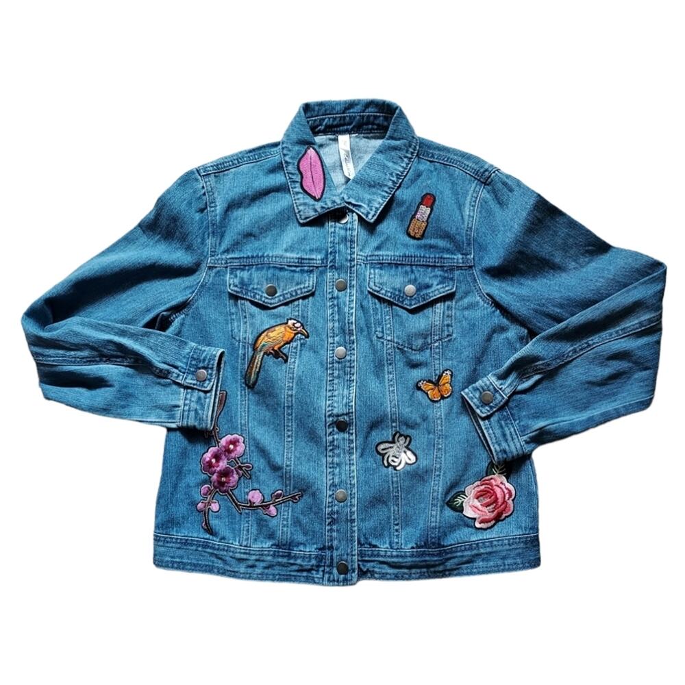 NY Collection Snap Denim Jacket With Appliqués and Embroidered Designs Sz Med